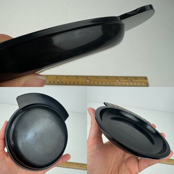 Vintage Black Plastic Round Pocket Change Collect Dish Trinket Gold Accent READ - Picture 7 of 11